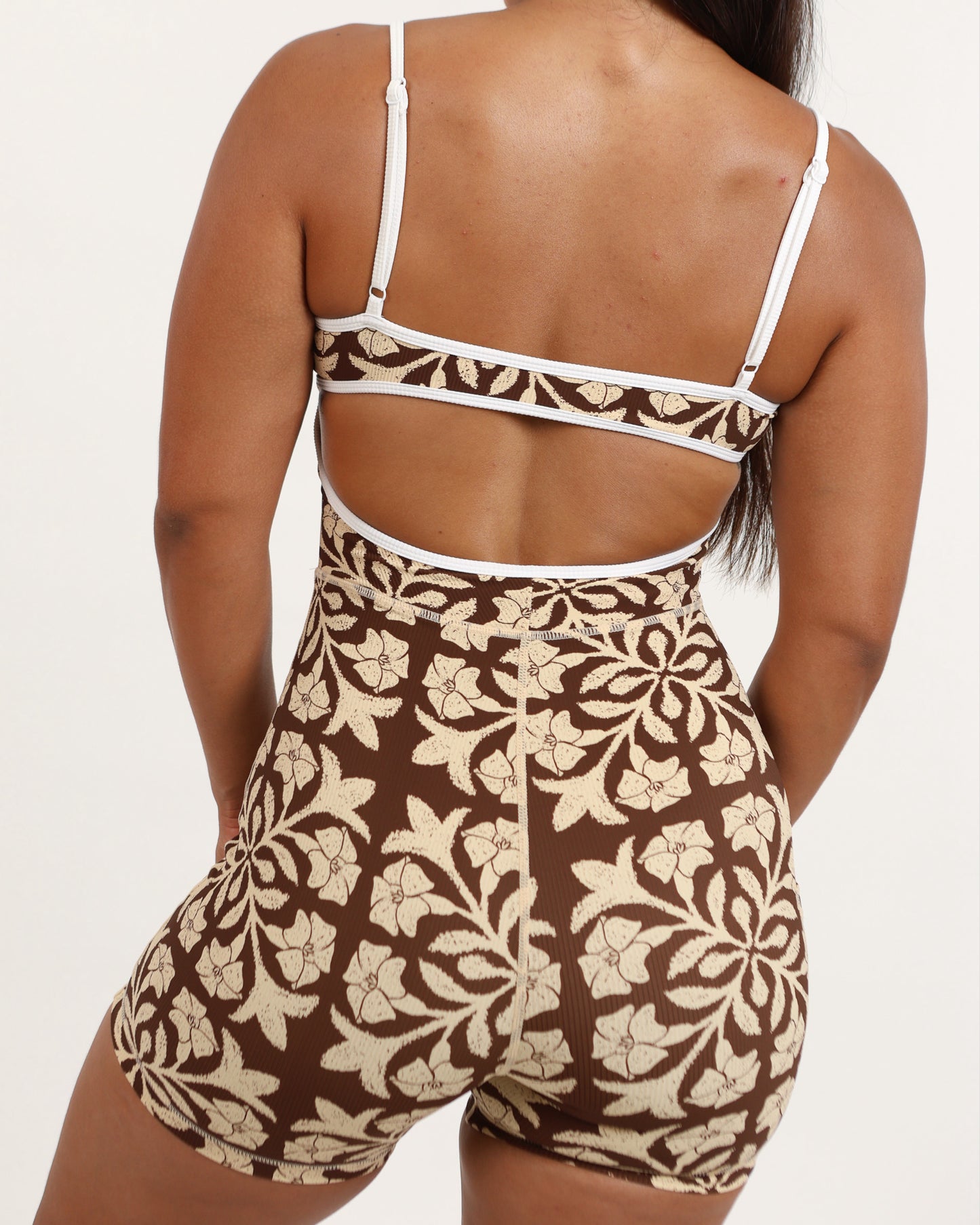 Kayla Jumpsuit in Brown Puakenikeni Quilt w/ Trim