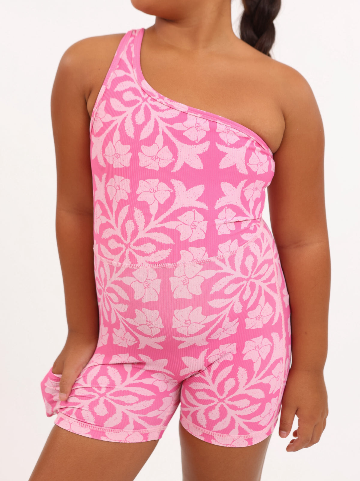 Mini One Shoulder Jumpsuit in Pink Puakenikeni Quilt