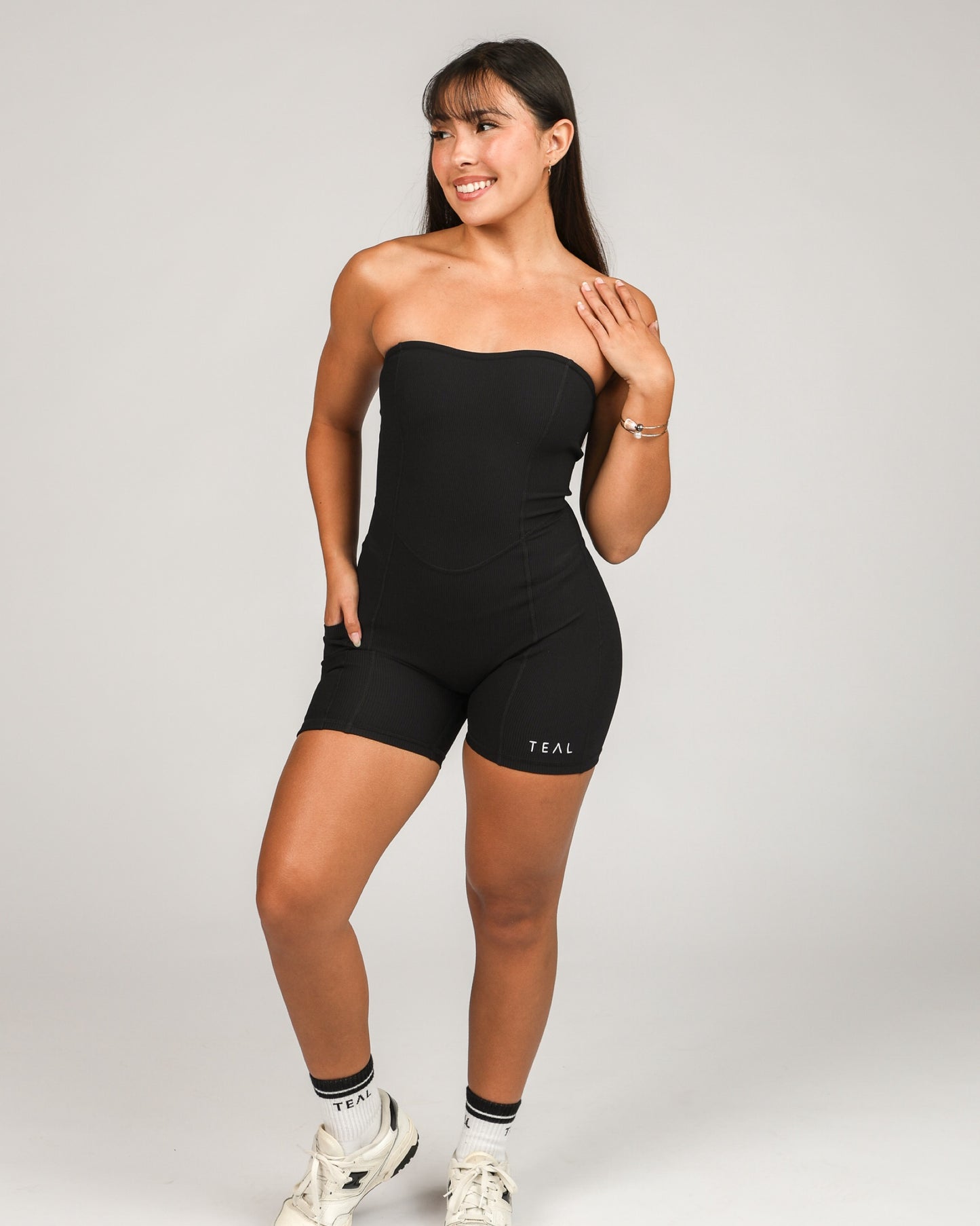 Sweet Heart Strapless Jumpsuit in Ribbed Black