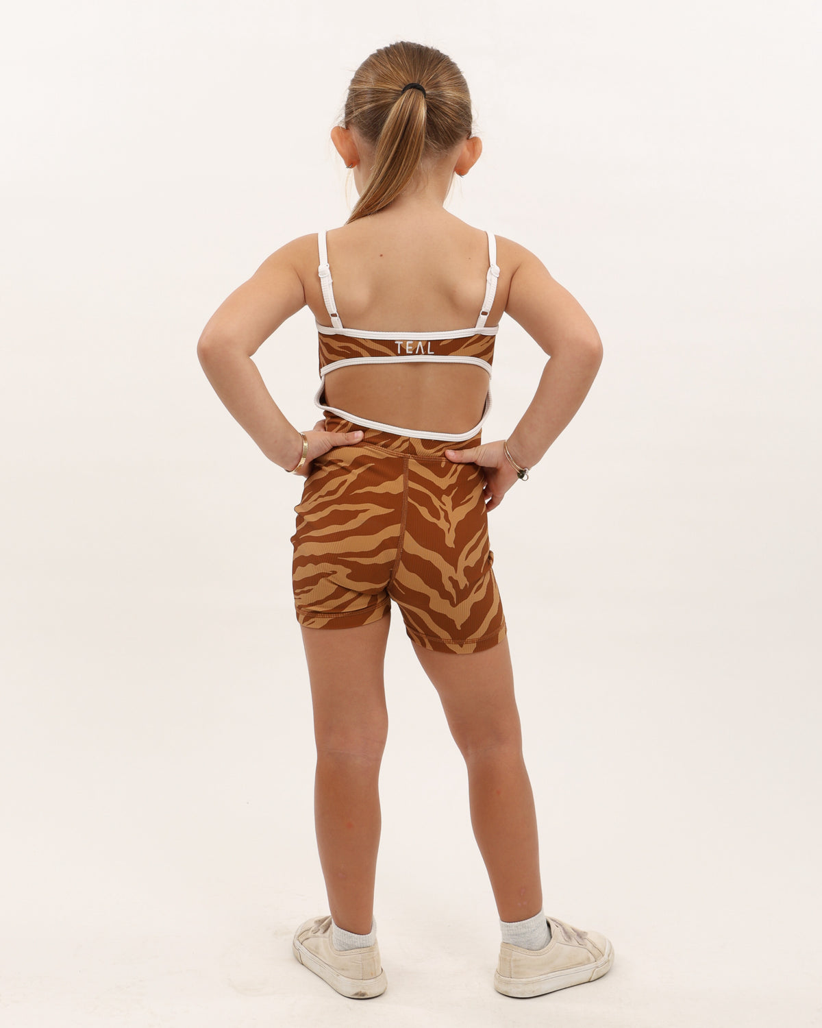 Mini Kayla Jumpsuit in Caramel Zebra w/ Trim