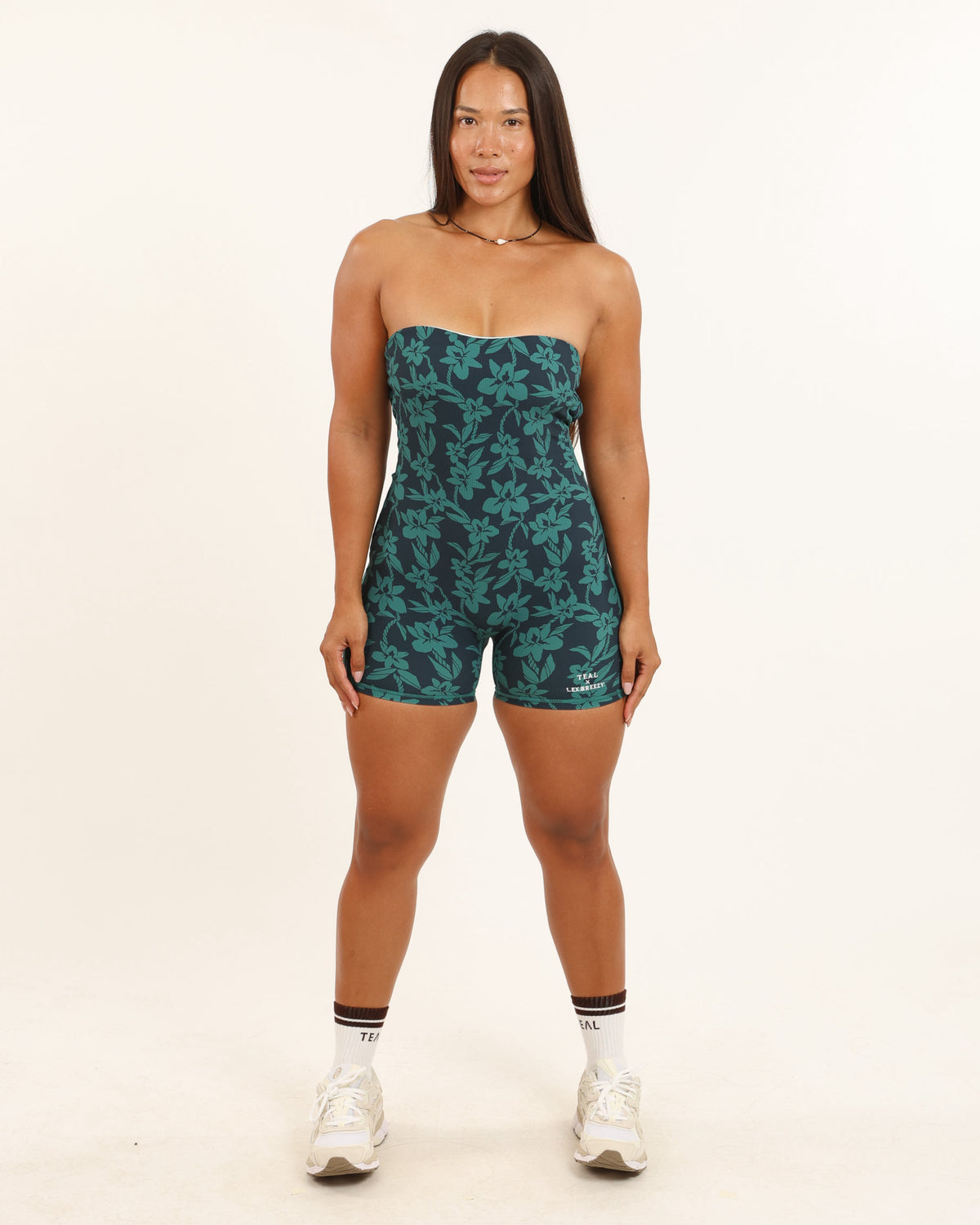NEW Goldie Strapless Jumpsuit in Teal Orchid Lei