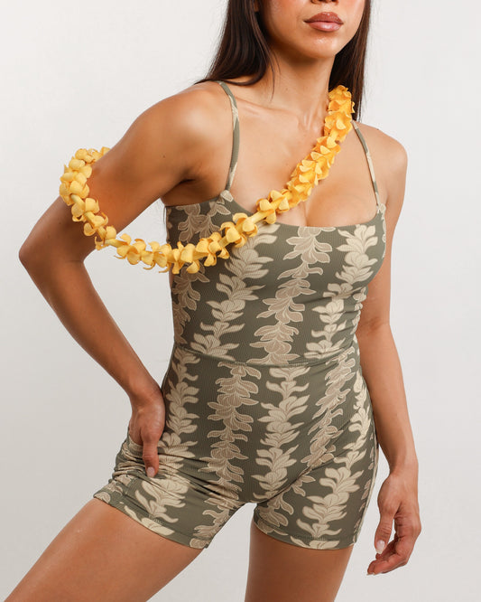 Kayla Jumpsuit in Green Plumeria Lei