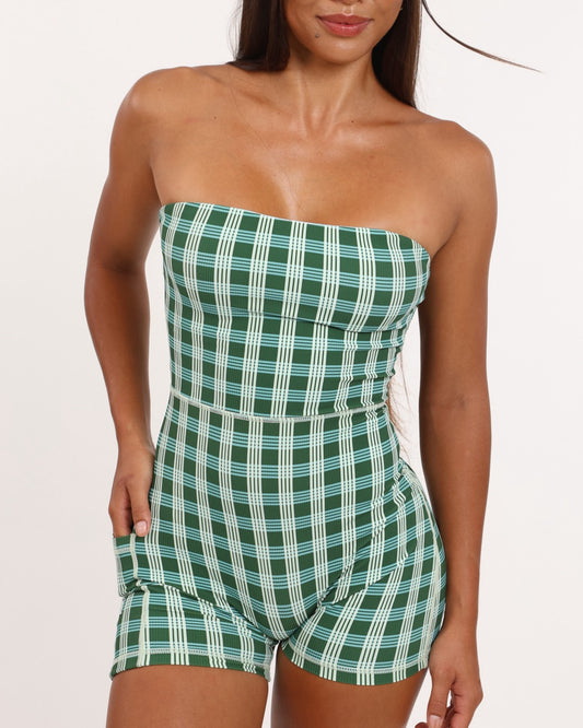 Anu Strapless Jumpsuit in UH Green Palaka