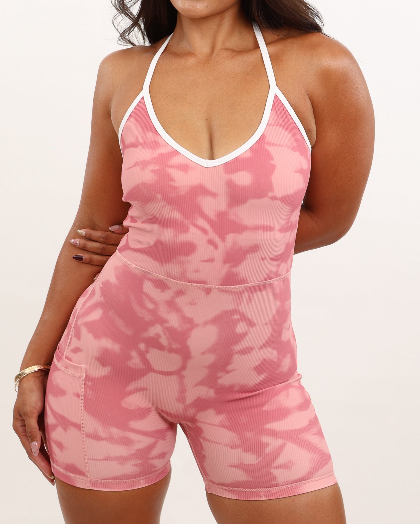 Jaci Racer Back Jumpsuit in Pink Shibori w/Trim