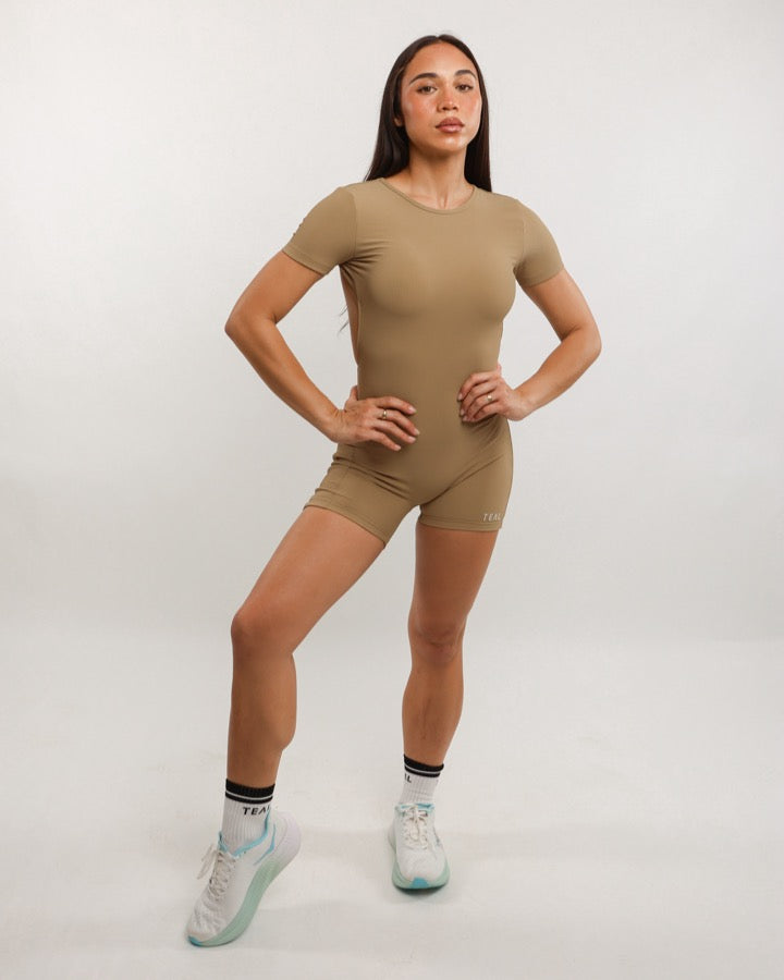 Luxe T-Shirt Jumpsuit in Ribbed Golden Khaki