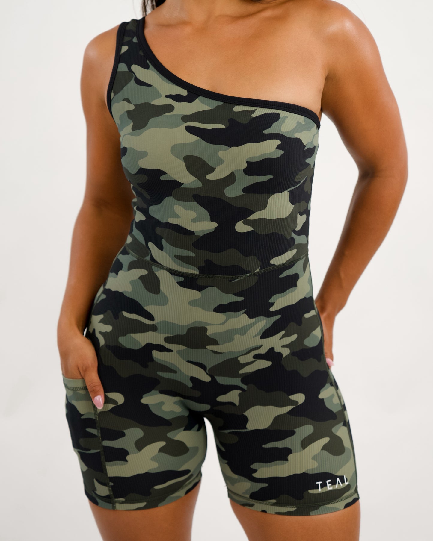 One Shoulder Jumpsuit in Green Camo