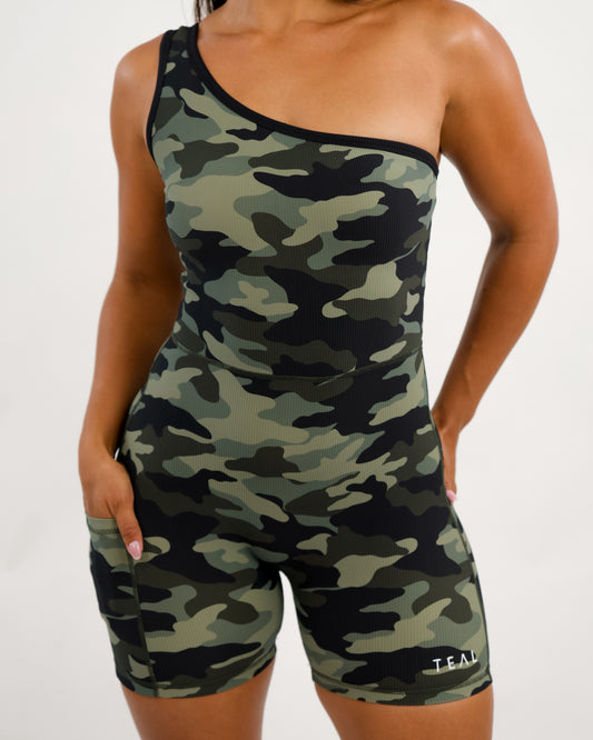 One Shoulder Jumpsuit in Green Camo