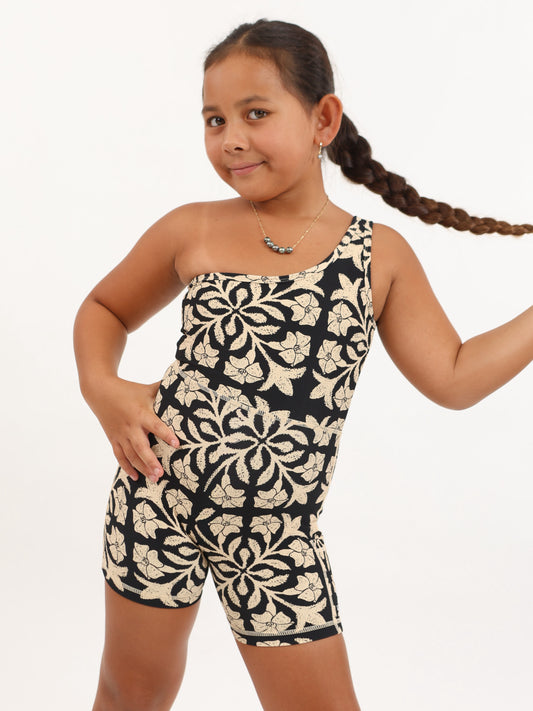 Mini One Shoulder Jumpsuit in Black Puakenikeni Quilt