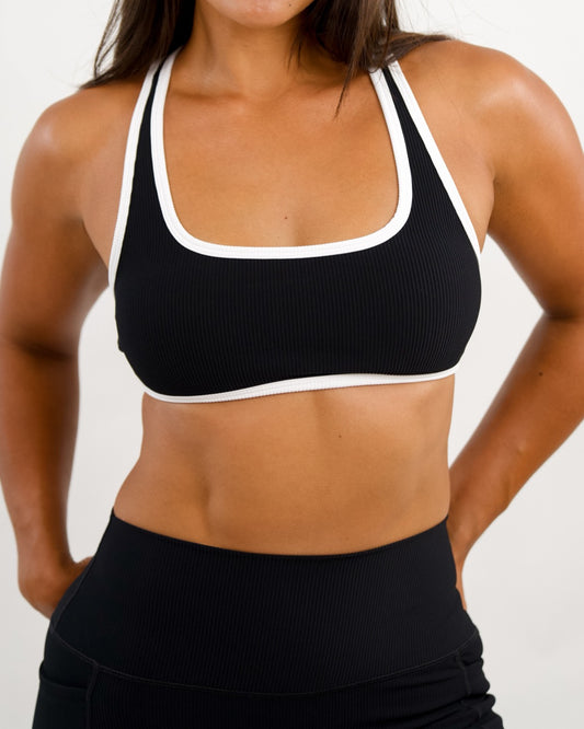 Racer Back Bra in Ribbed Black w/ White Trim