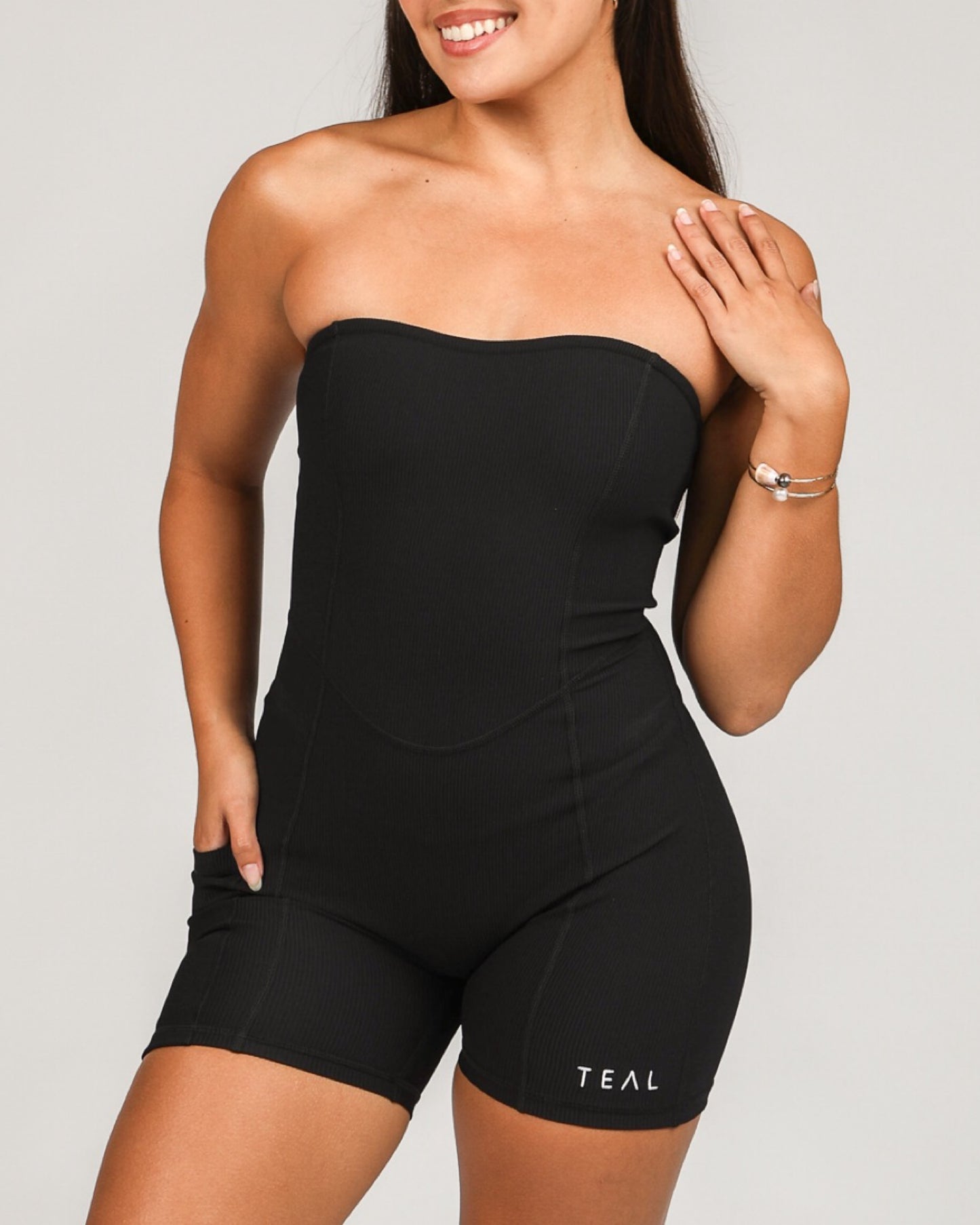 Sweet Heart Strapless Jumpsuit in Ribbed Black