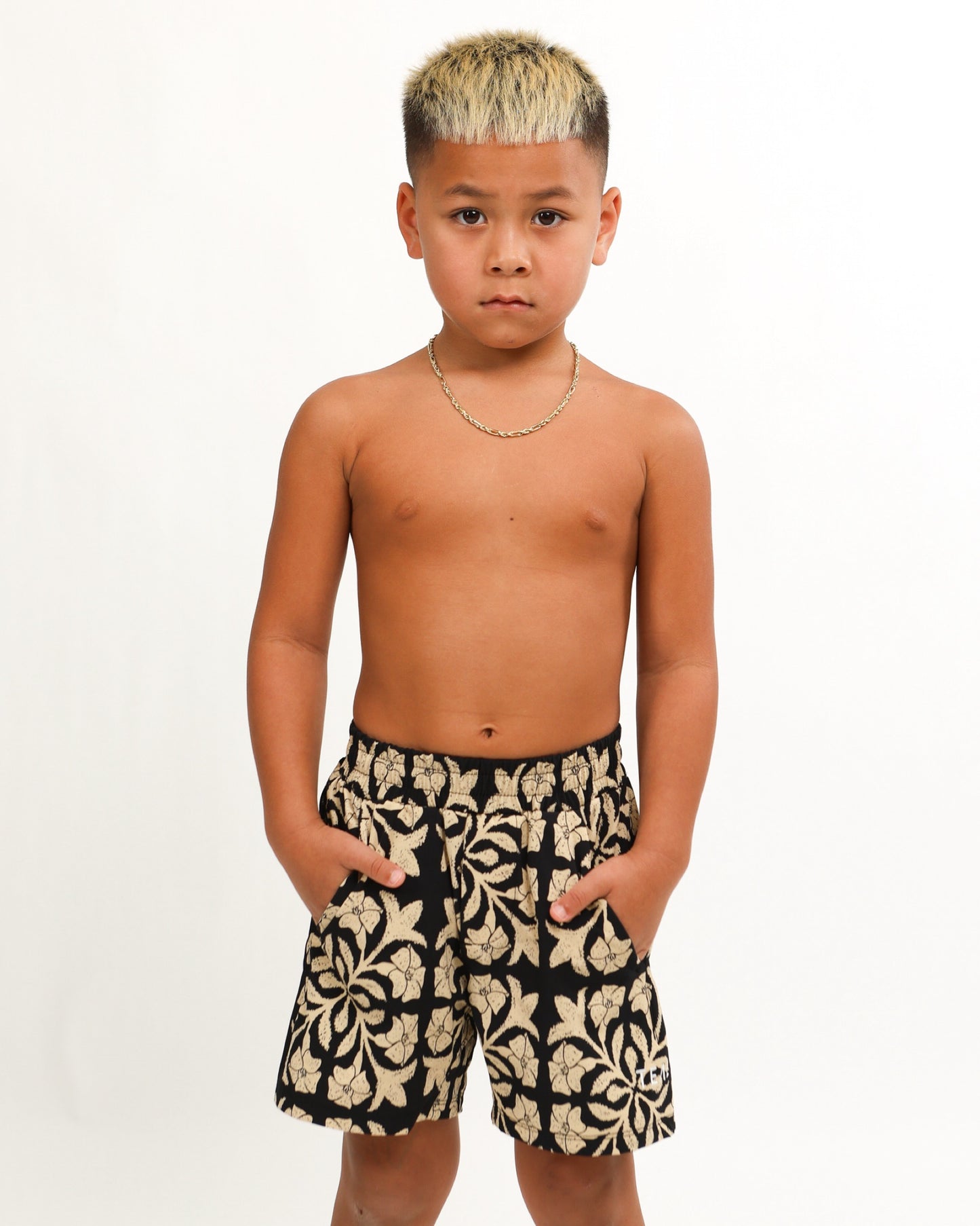 Luxe Hybrid Boy's Shorts in Black Puakenikeni Quilt