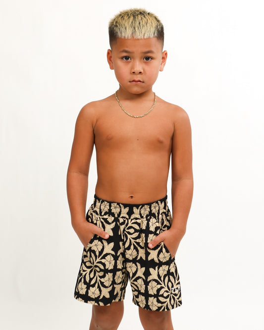 Luxe Hybrid Boy's Shorts in Black Puakenikeni Quilt
