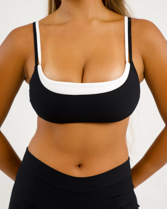 Double Layer Scoop Neck Bra in Ribbed Black