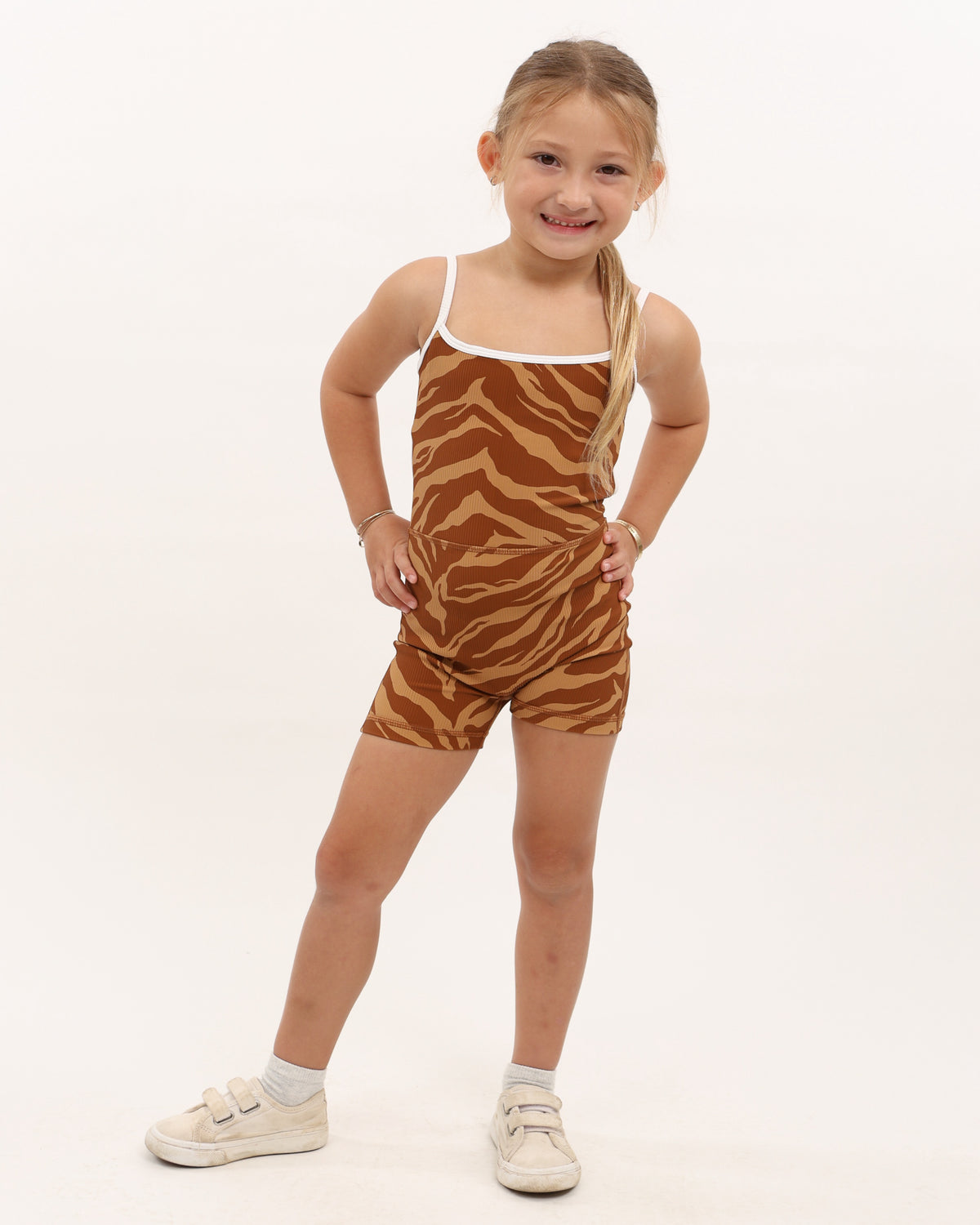 Mini Kayla Jumpsuit in Caramel Zebra w/ Trim