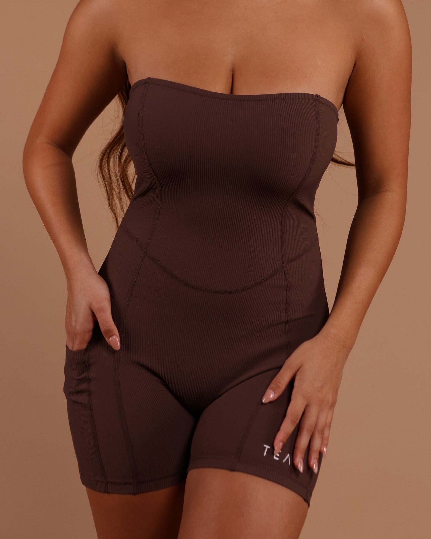 Sweet Heart Strapless Jumpsuit in Ribbed Mocha