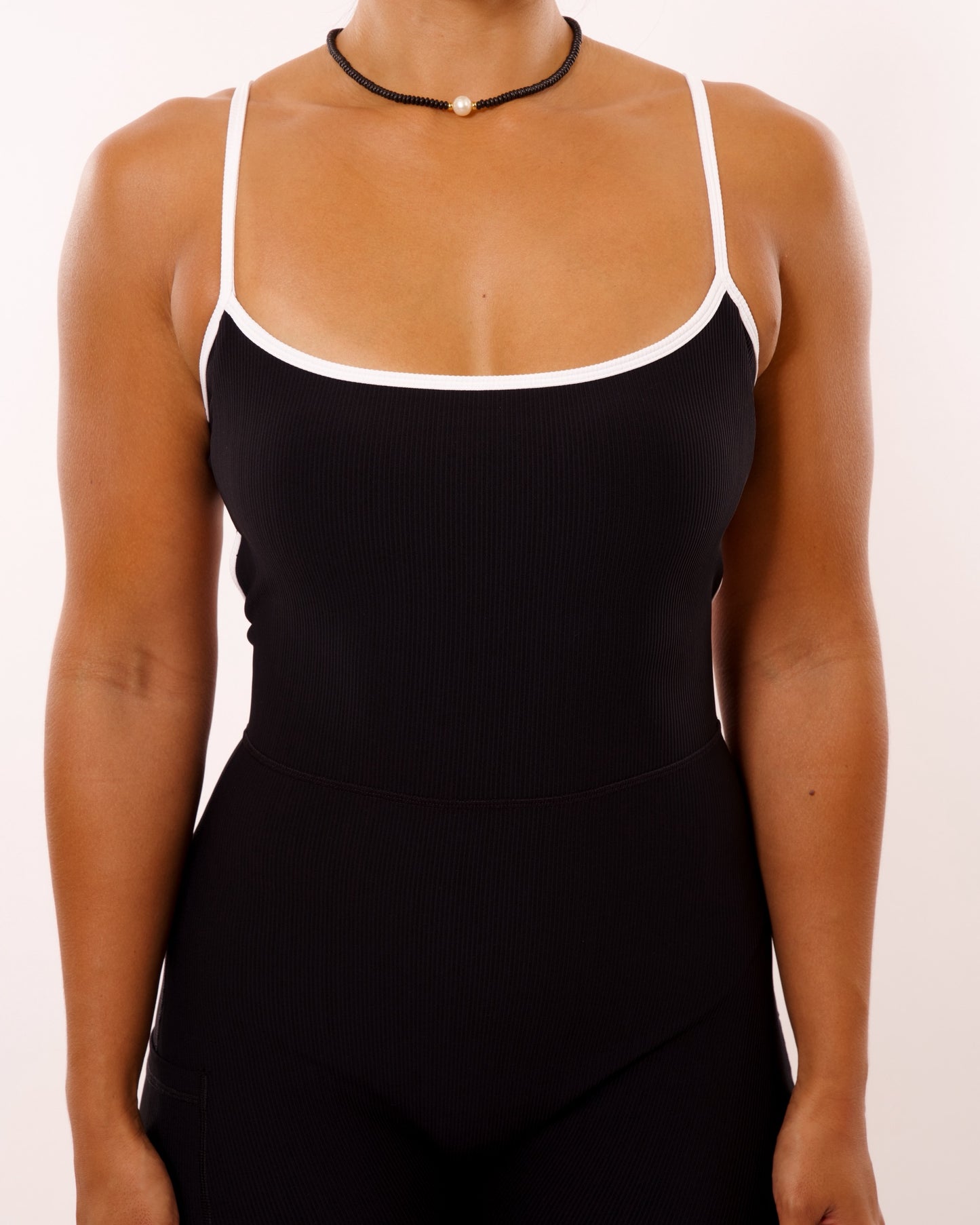 Kayla Jumpsuit in Ribbed Black w/ White Trim