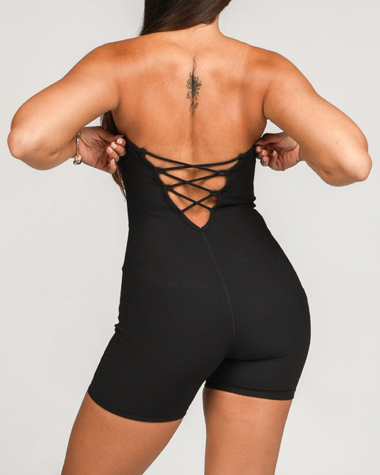 Sweet Heart Strapless Jumpsuit in Ribbed Black