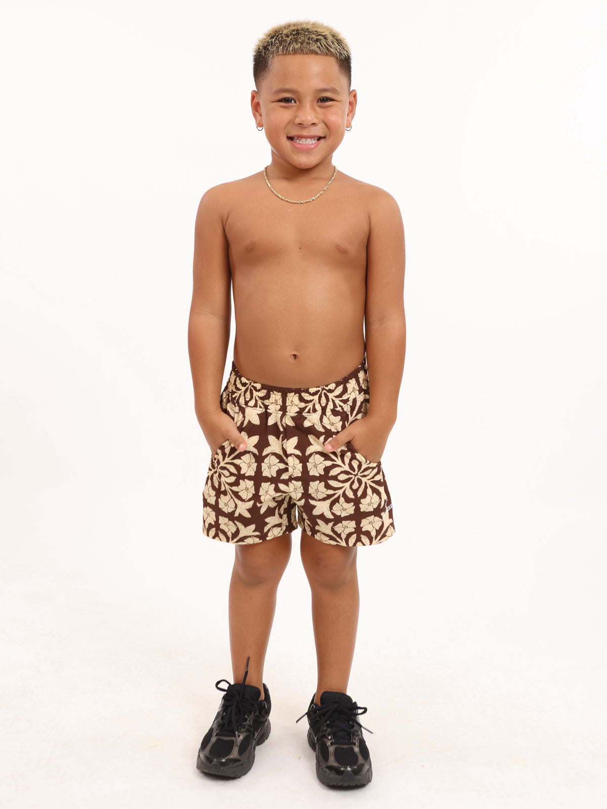 Luxe Hybrid Boy's Shorts in Brown Puakenikeni Quilt