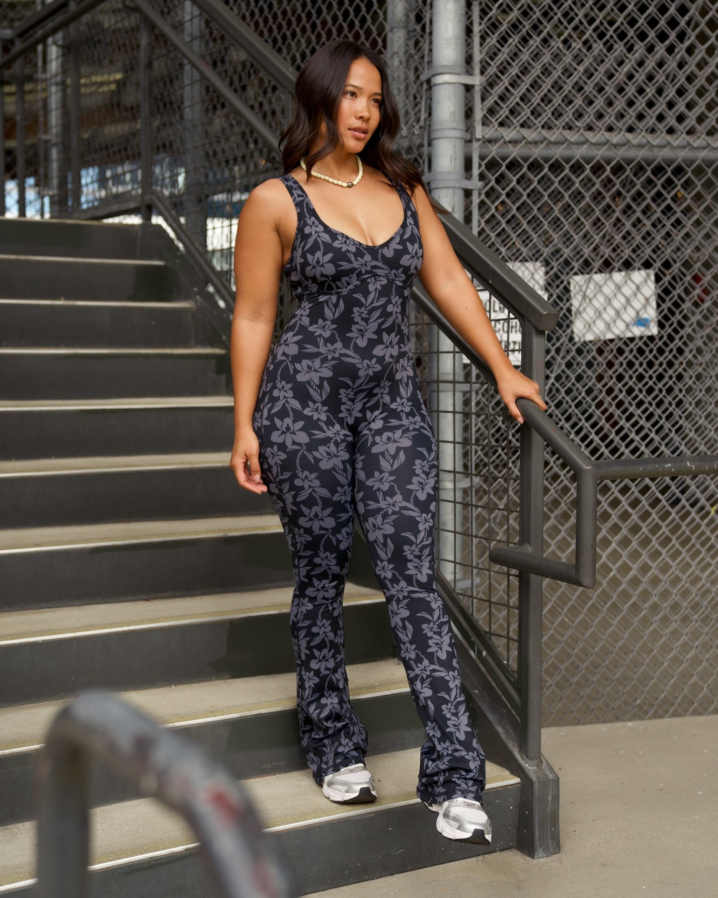 Aura Flare Jumpsuit in Black Orchid Ti Leaf