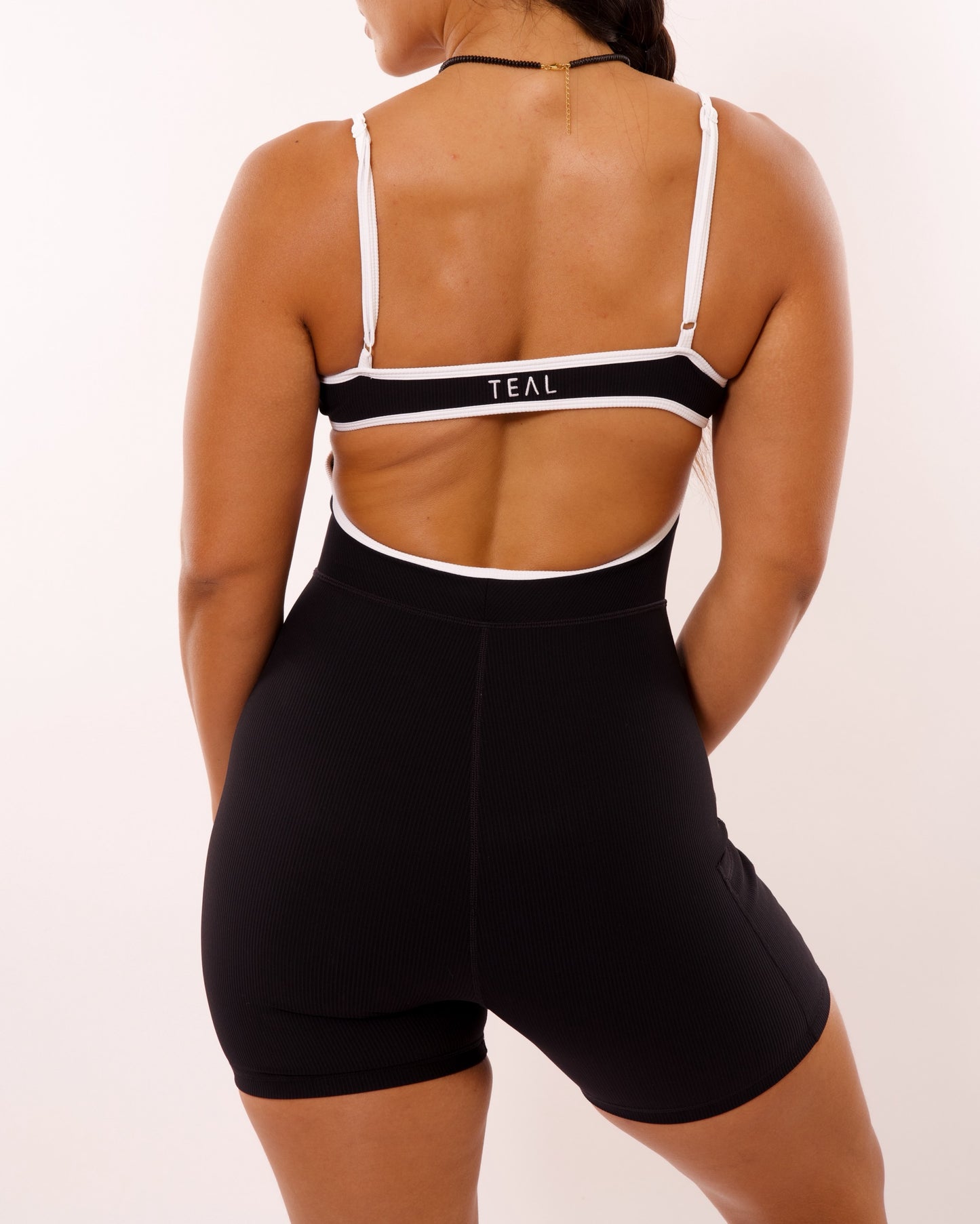 Kayla Jumpsuit in Ribbed Black w/ White Trim