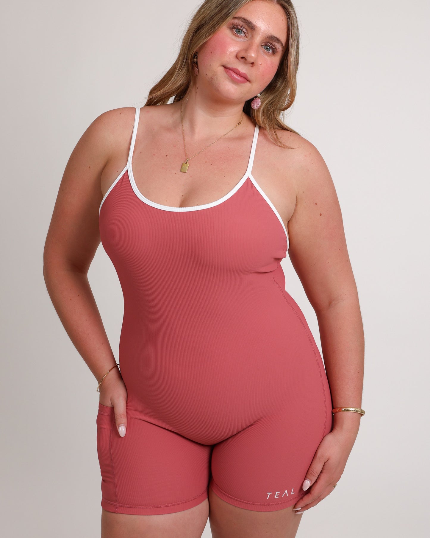 Azure V-Back Jumpsuit in Ribbed Coral Pink