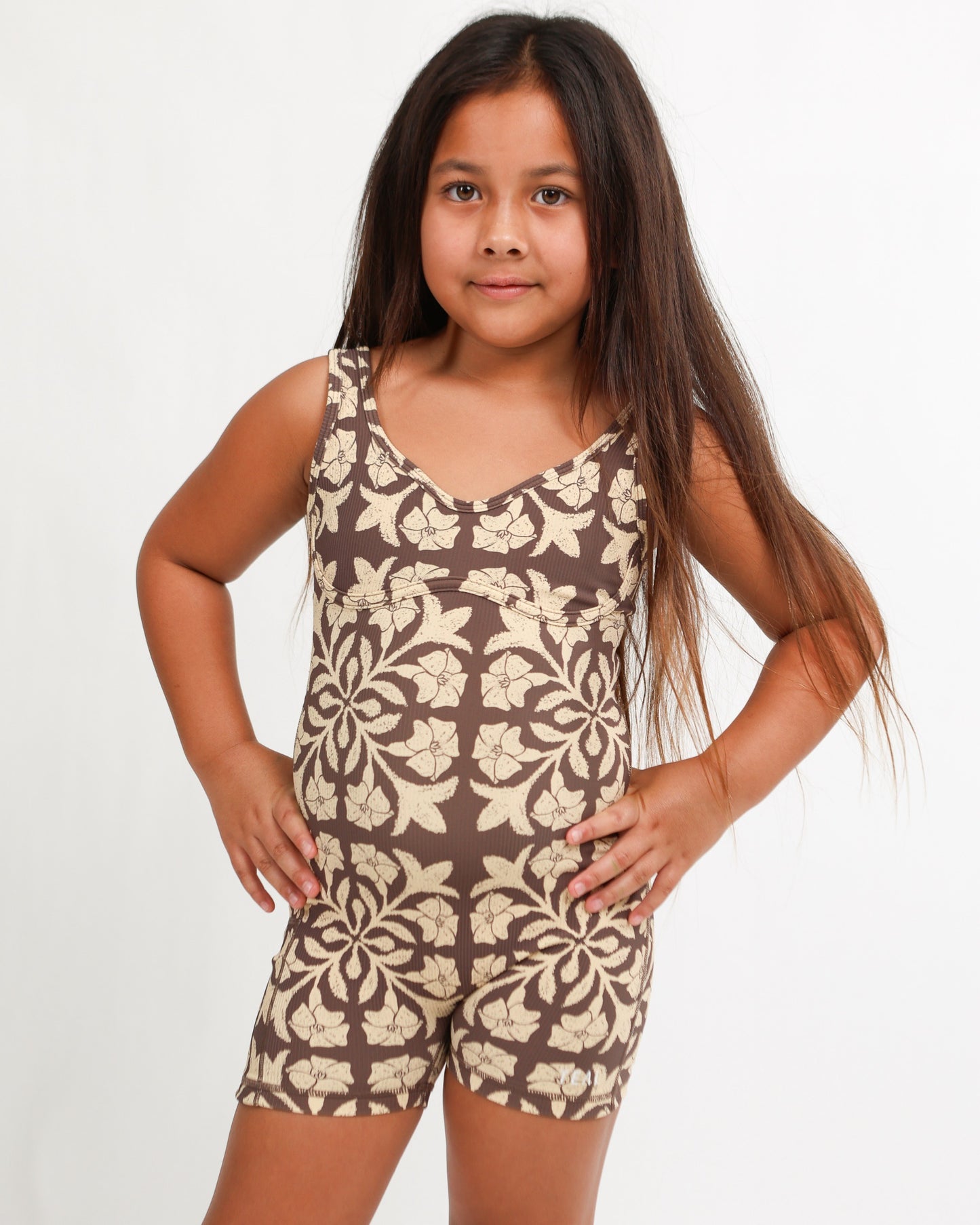 Mini Aura Jumpsuit in Brown Puakenikeni Quilt