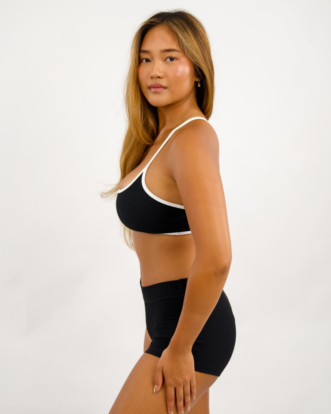 Cross Back Bra in Ribbed Black w/ White Trim