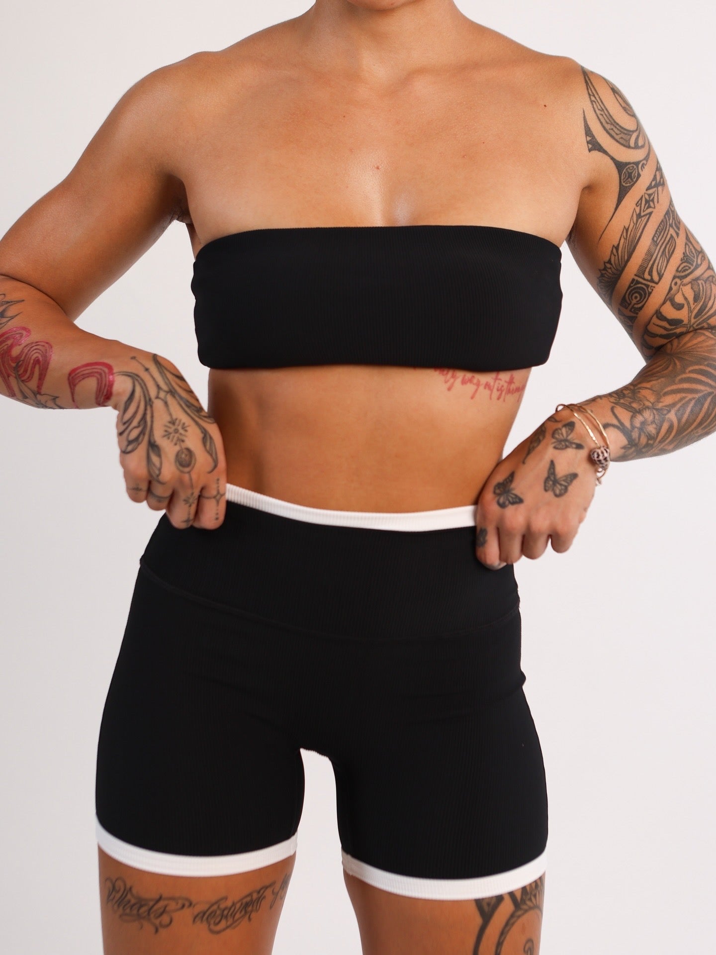 4" Biker Short in Ribbed Black w/ White Trim