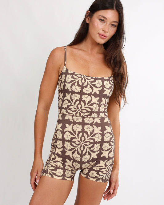 Kayla 2.0 Jumpsuit in Brown Puakenikeni Quilt