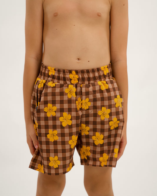 Luxe Hybrid Boy's Shorts in Brown Puakenikeni