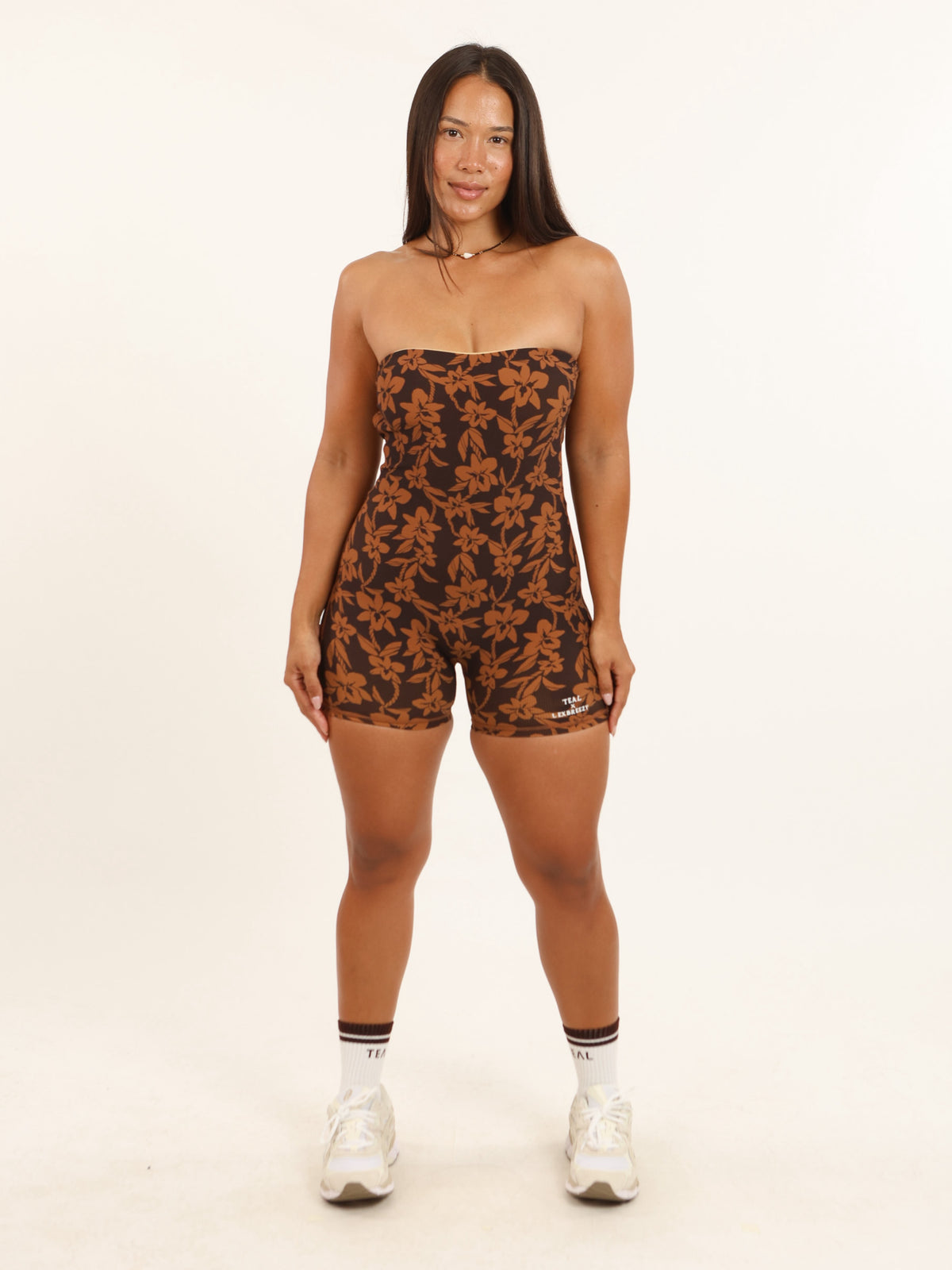 NEW Goldie Strapless Jumpsuit in Mocha Orchid Lei