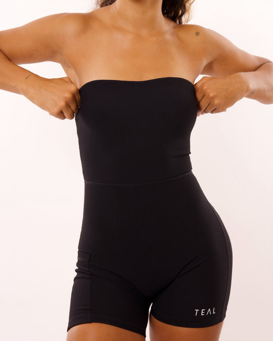 Anu Strapless Jumpsuit in Ribbed Black