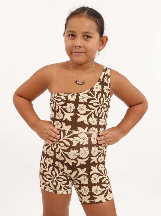 Mini One Shoulder Jumpsuit in Brown Puakenikeni Quilt