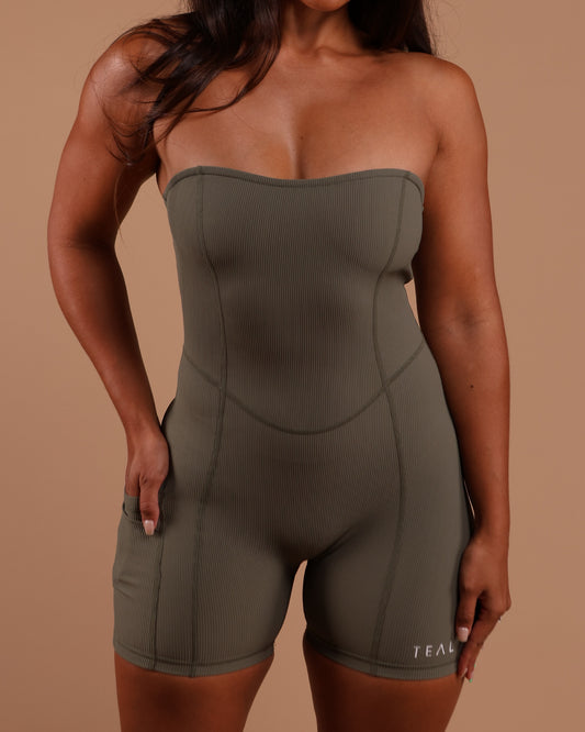 Sweet Heart Strapless Jumpsuit in Ribbed Olive