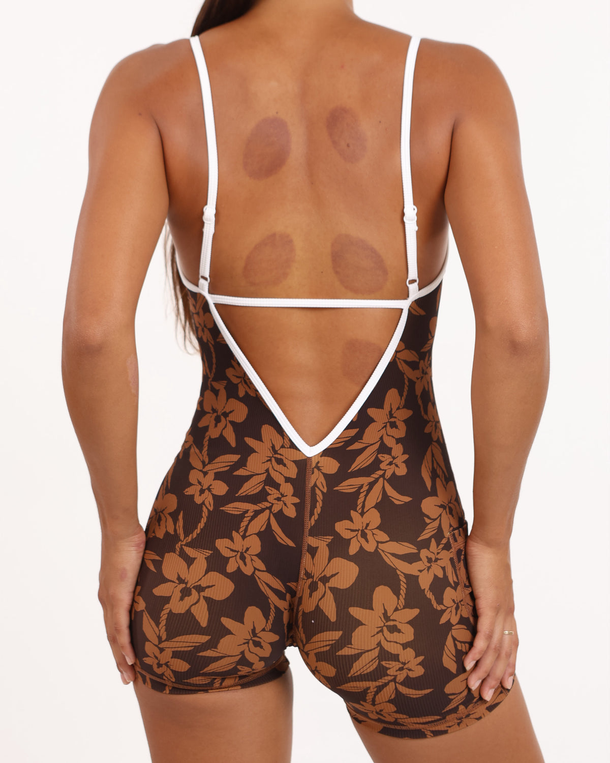 Azure V-Back Jumpsuit in Mocha Orchid Lei