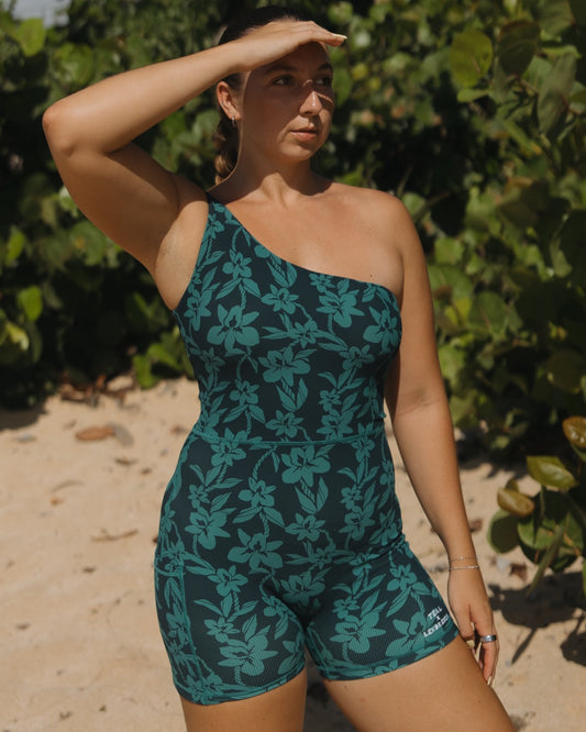 One Shoulder Jumpsuit in Teal Orchid Lei