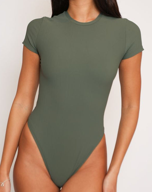 T-Shirt Bodysuit in Ribbed Olive