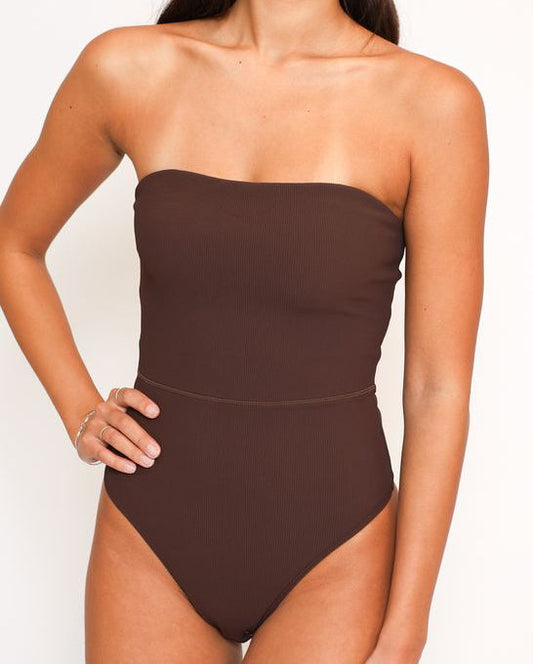 Anu Strapless Bodysuit in Ribbed Mocha
