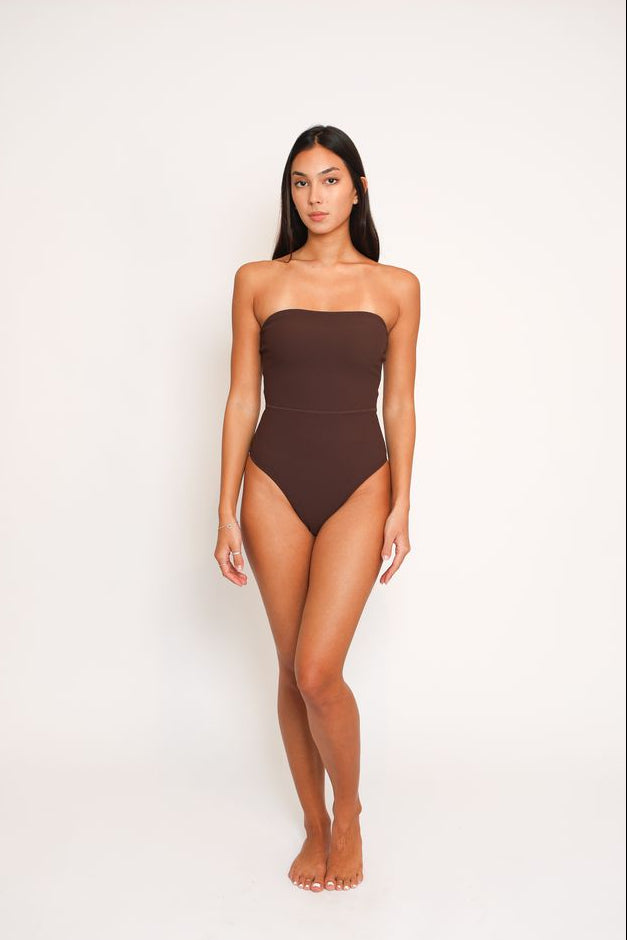 Anu Strapless Bodysuit in Ribbed Mocha